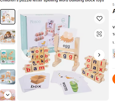 Wooden Words Spelling Game - Alphabet Letters Reading Building Blocks Game with Cards
