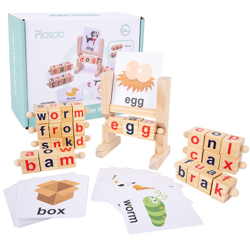 Wooden Words Spelling Game - Alphabet Letters Reading Building Blocks Game with Cards