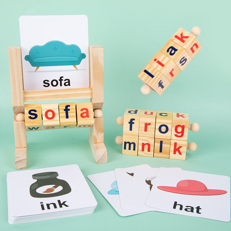 Wooden Words Spelling Game - Alphabet Letters Reading Building Blocks Game with Cards