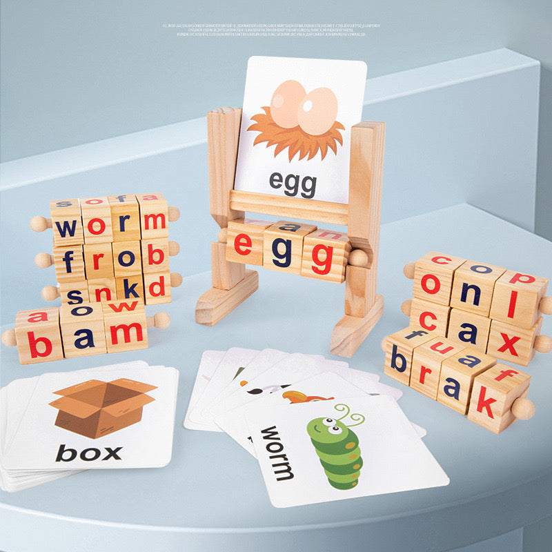 Wooden Words Spelling Game - Alphabet Letters Reading Building Blocks Game with Cards