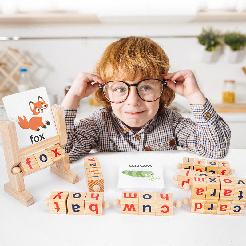 Wooden Words Spelling Game - Alphabet Letters Reading Building Blocks Game with Cards