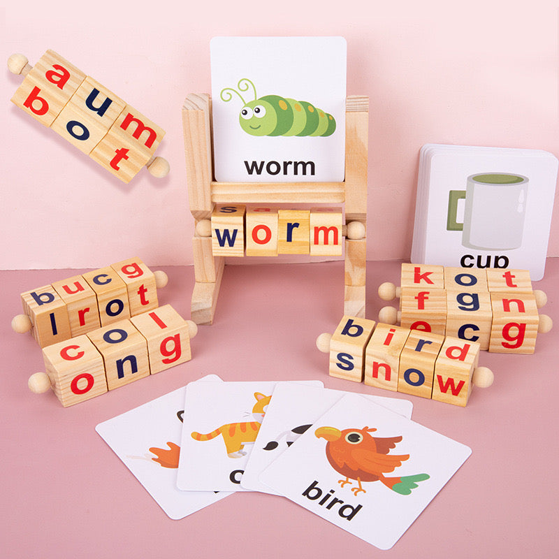 Wooden Words Spelling Game - Alphabet Letters Reading Building Blocks Game with Cards