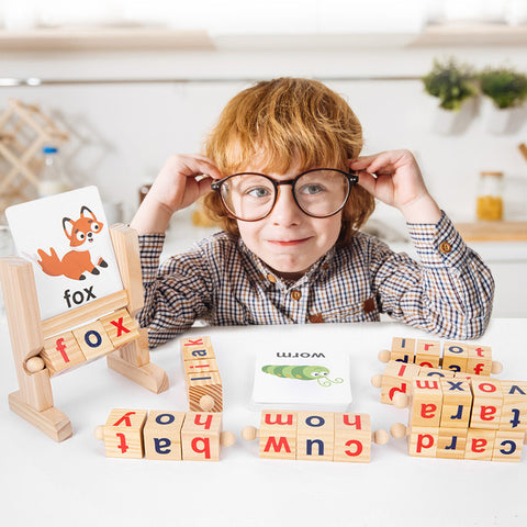 Wooden Words Spelling Game -  Alphabet Letters Reading Building Blocks Game with Cards