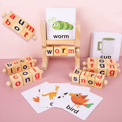 Wooden Word Spelling Game -  Alphabet Letters Reading Building Blocks Game with Cards